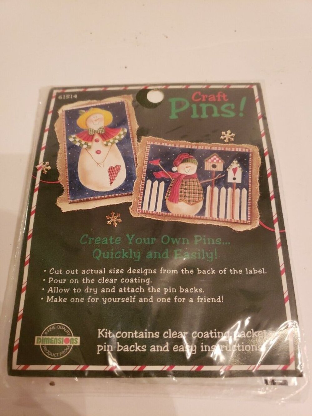 Snow Folk Craft Homemade Pins Kit #61514 Snowman Holiday Winter Resin